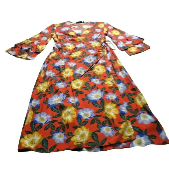 The Fifth Label orange Floral print long Wrap Dress Size M bell sleeves women's - Picture 10 of 11